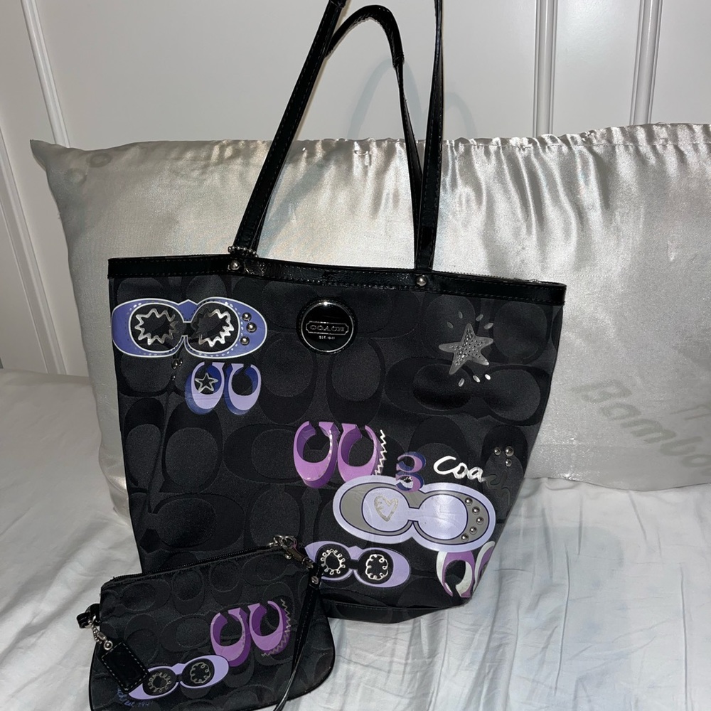 Black and purple coach bag and matching wallet